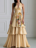 Floral Tiered Halter Satin Evening Gown