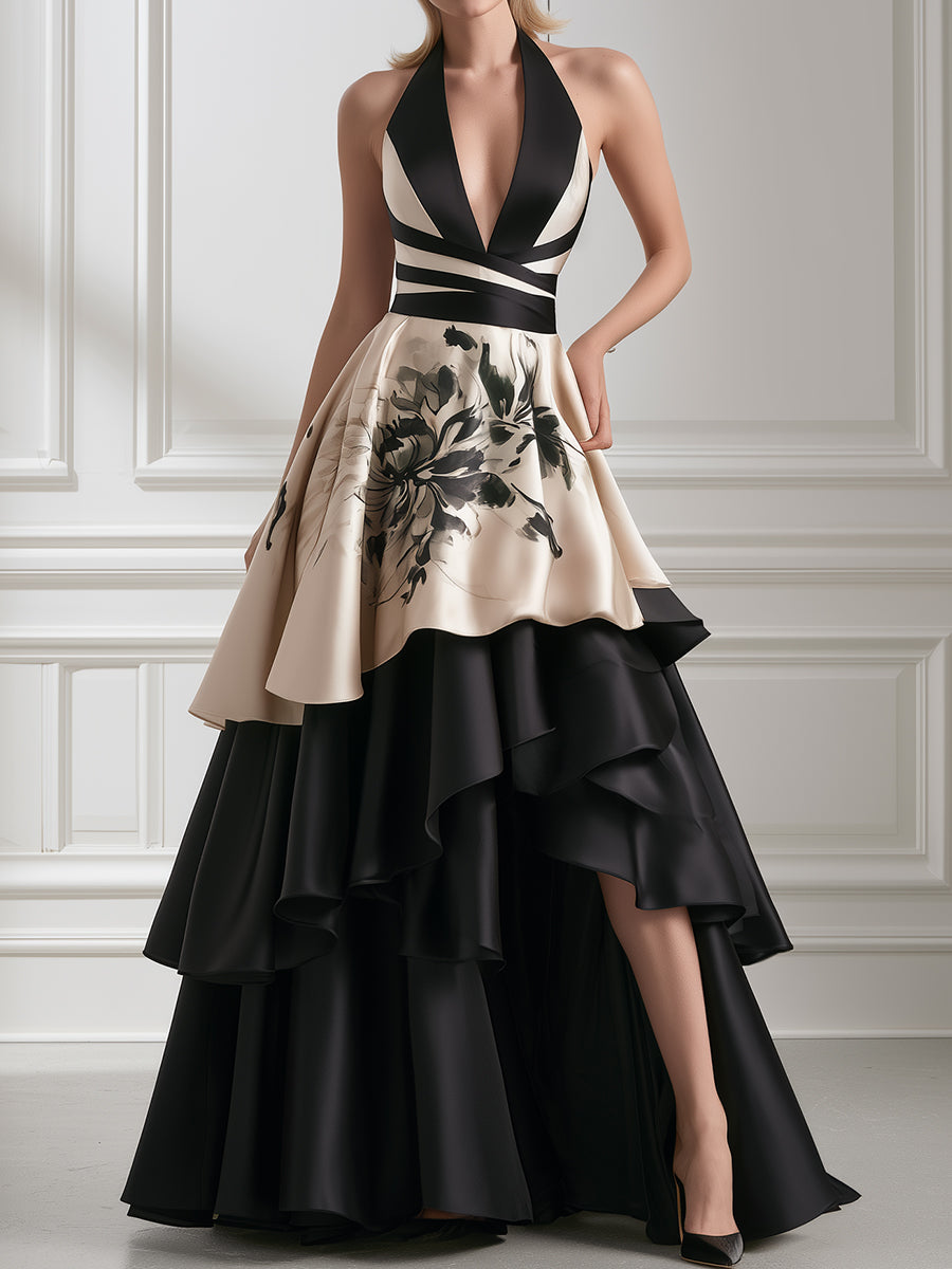 Floral Contrast Halter Tiered Satin Evening Gown