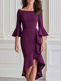 Bell Sleeve Asymmetrical Ruffle Formal Evening Gown