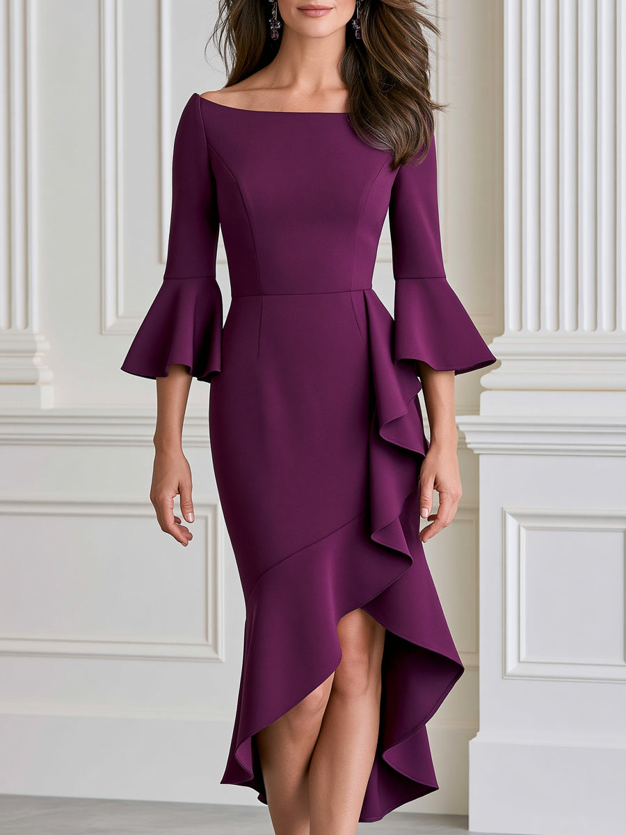 Bell Sleeve Asymmetrical Ruffle Formal Evening Gown