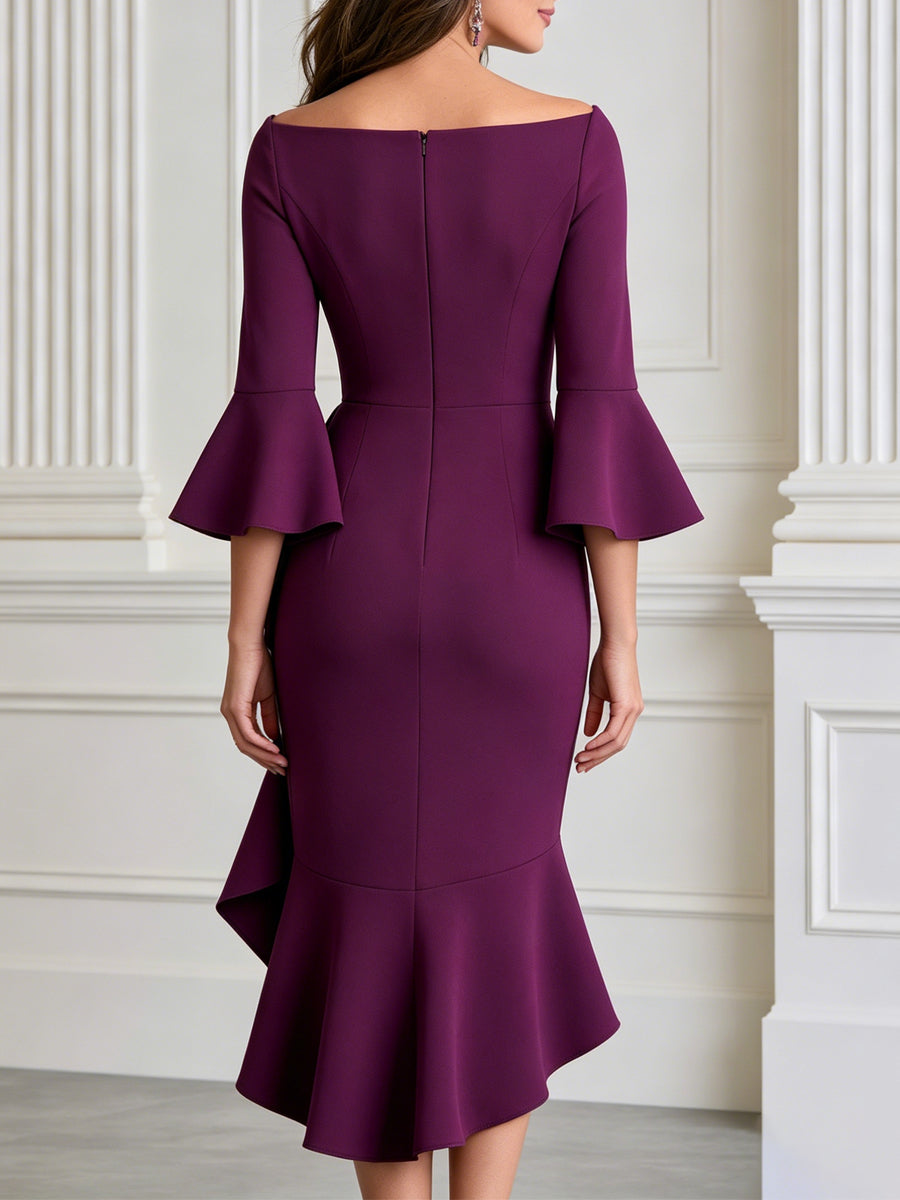 Bell Sleeve Asymmetrical Ruffle Formal Evening Gown