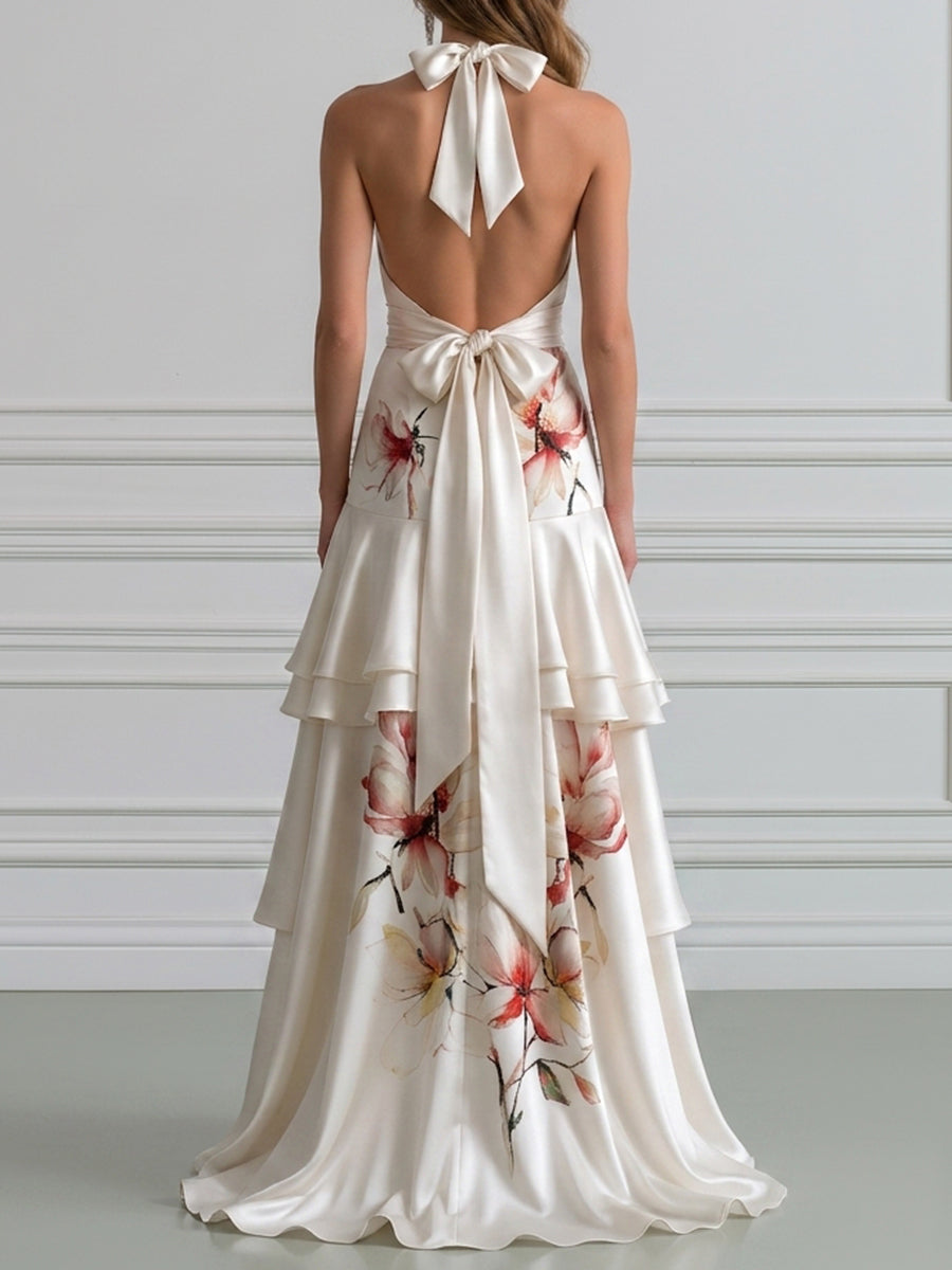 Floral Asymmetrical Ruffle Halter Satin Evening Gown