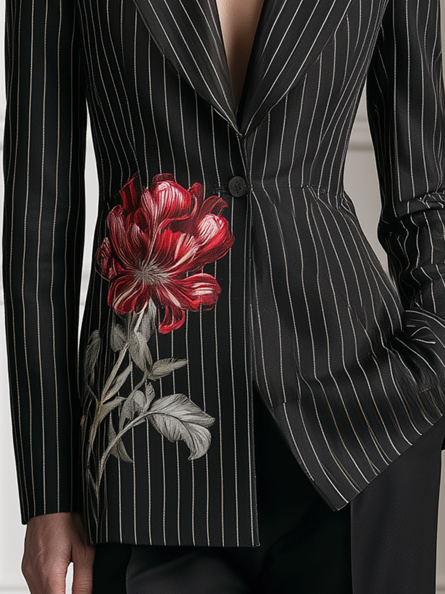 Floral Print Pinstripe Tailored Blazer