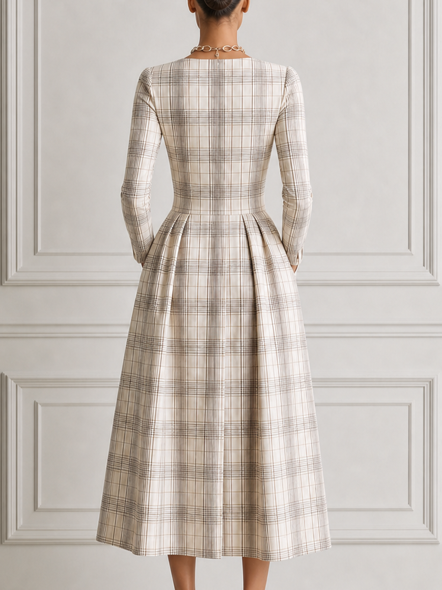 Ivory Plaid Square Neck Long Sleeve Pleated A-Line Midi Dress