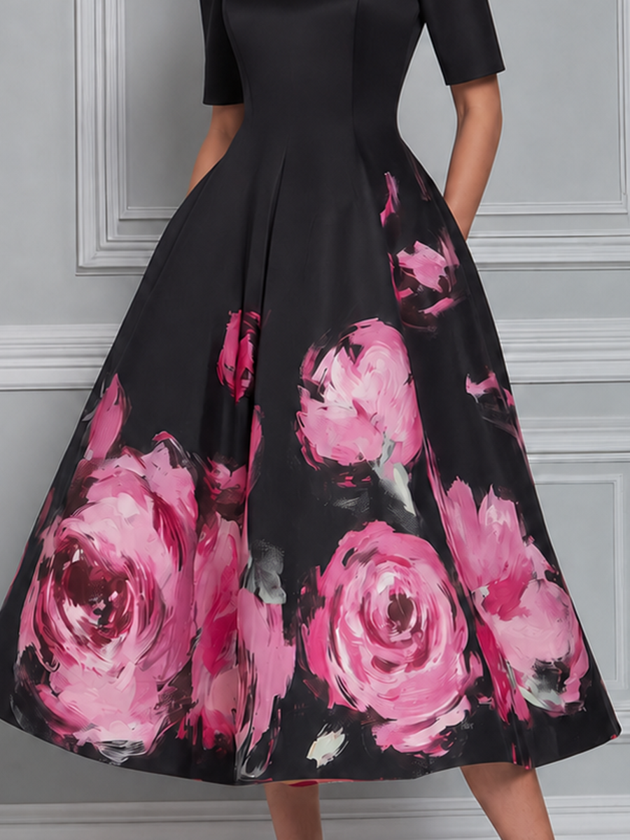 Black Watercolor Pink Rose Print Sweetheart Neck Fit And Flare Midi Dress