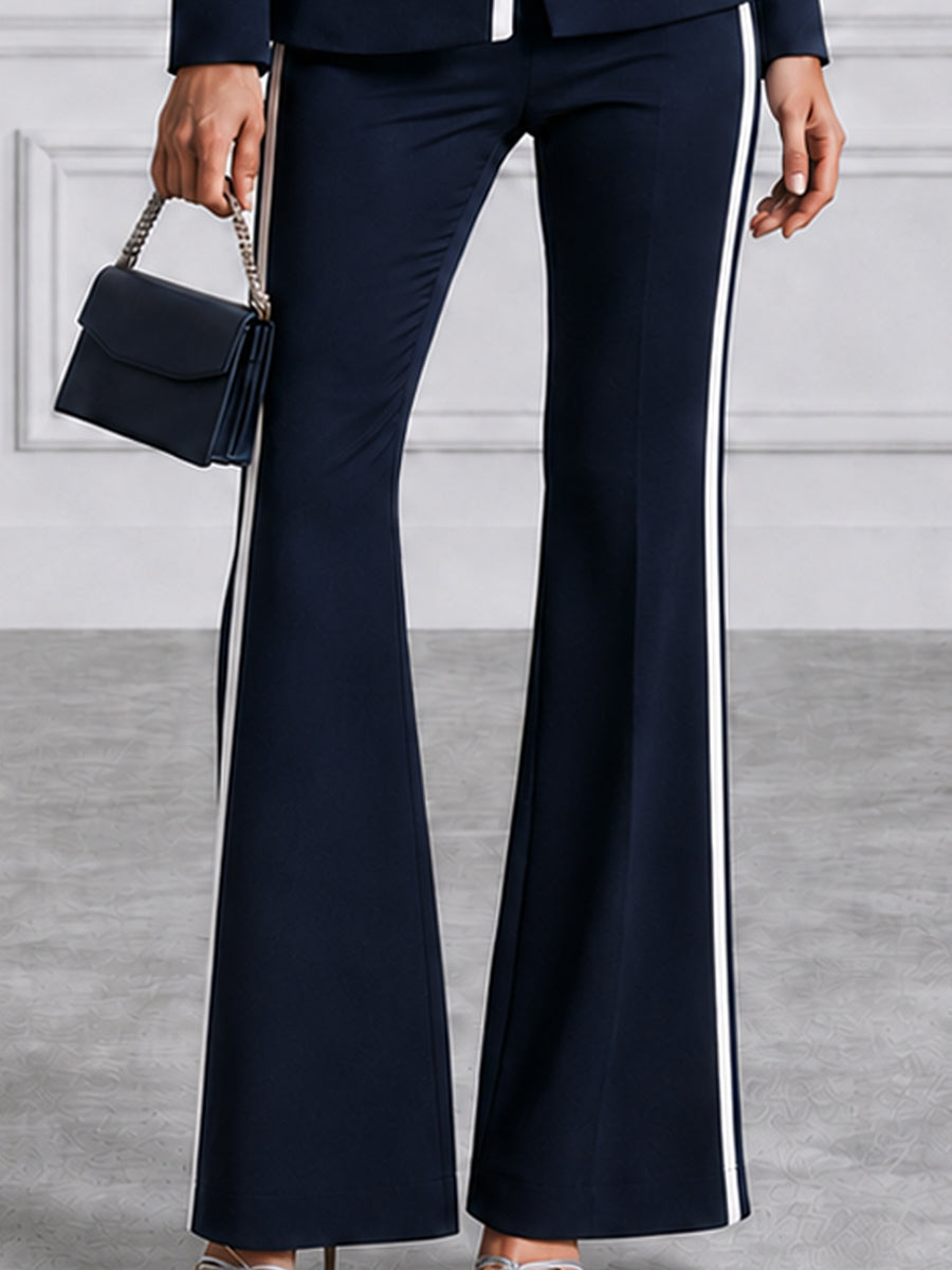 Navy White Contrast Piping Blazer & Flare Pants Set