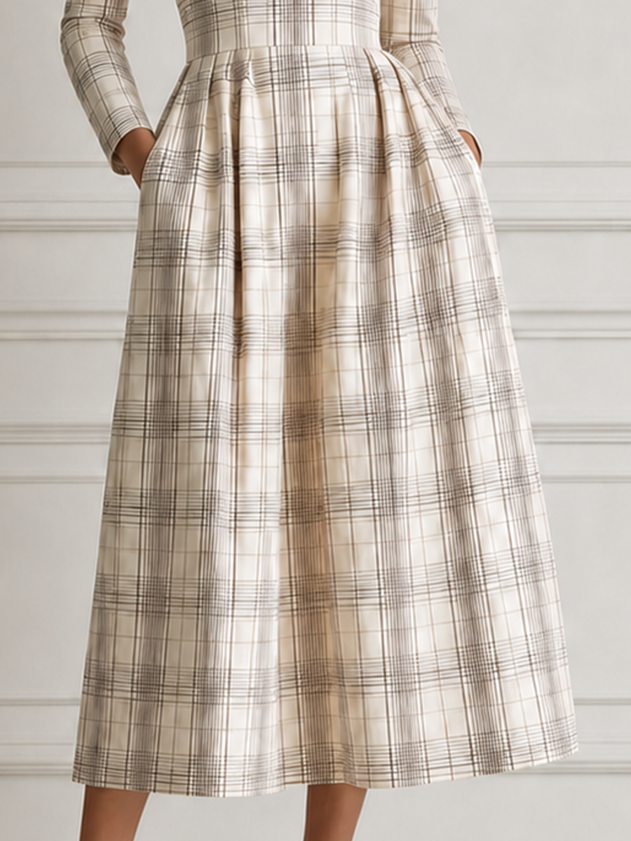 Ivory Plaid Square Neck Long Sleeve Pleated A-Line Midi Dress