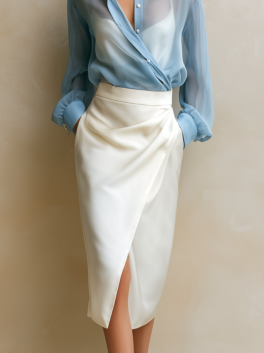 Elegant Chiffon Lantern-Sleeve Blouse & Satin High-Slit Midi Skirt Set