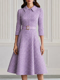 Premium Tweed Collared 3/4 Sleeve A-Line Midi Dress