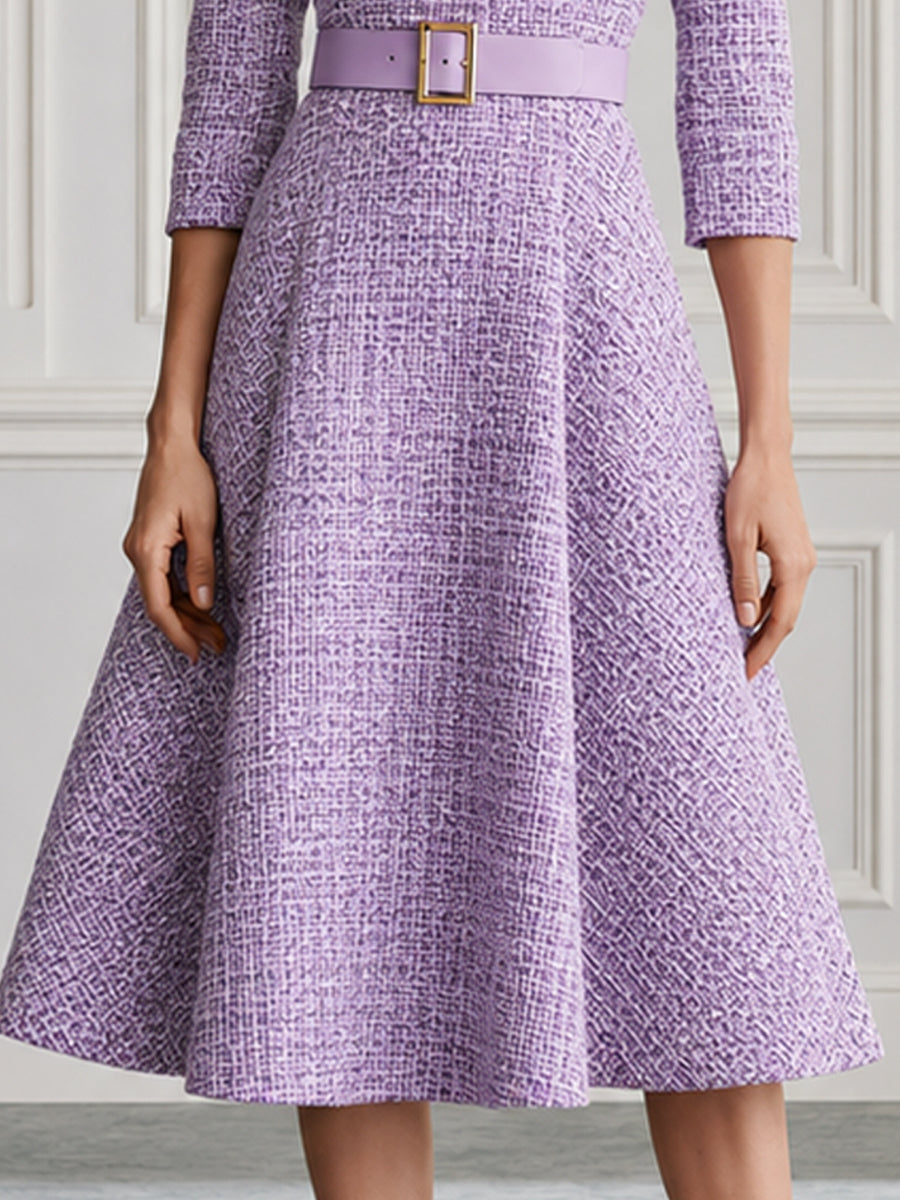 Premium Tweed Collared 3/4 Sleeve A-Line Midi Dress