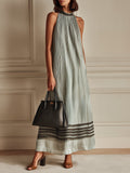 Elegant Sleeveless Crinkle Chiffon Maxi Dress With Striped Trim