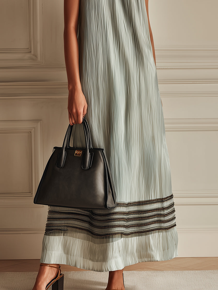 Elegant Sleeveless Crinkle Chiffon Maxi Dress With Striped Trim
