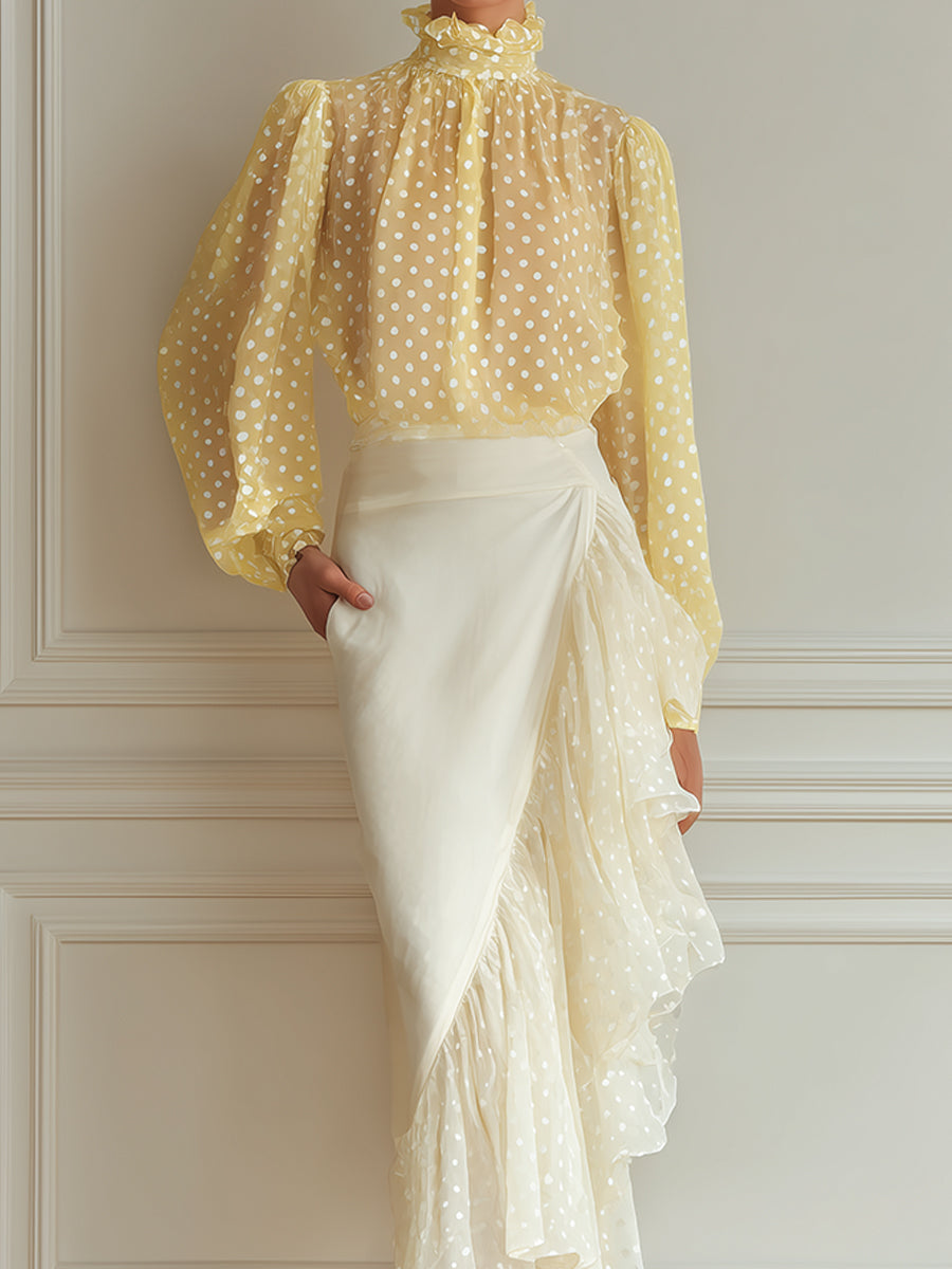 French-style Polka-dot Mock-neck Chiffon Blouse & Ruffle-trim Skirt Set