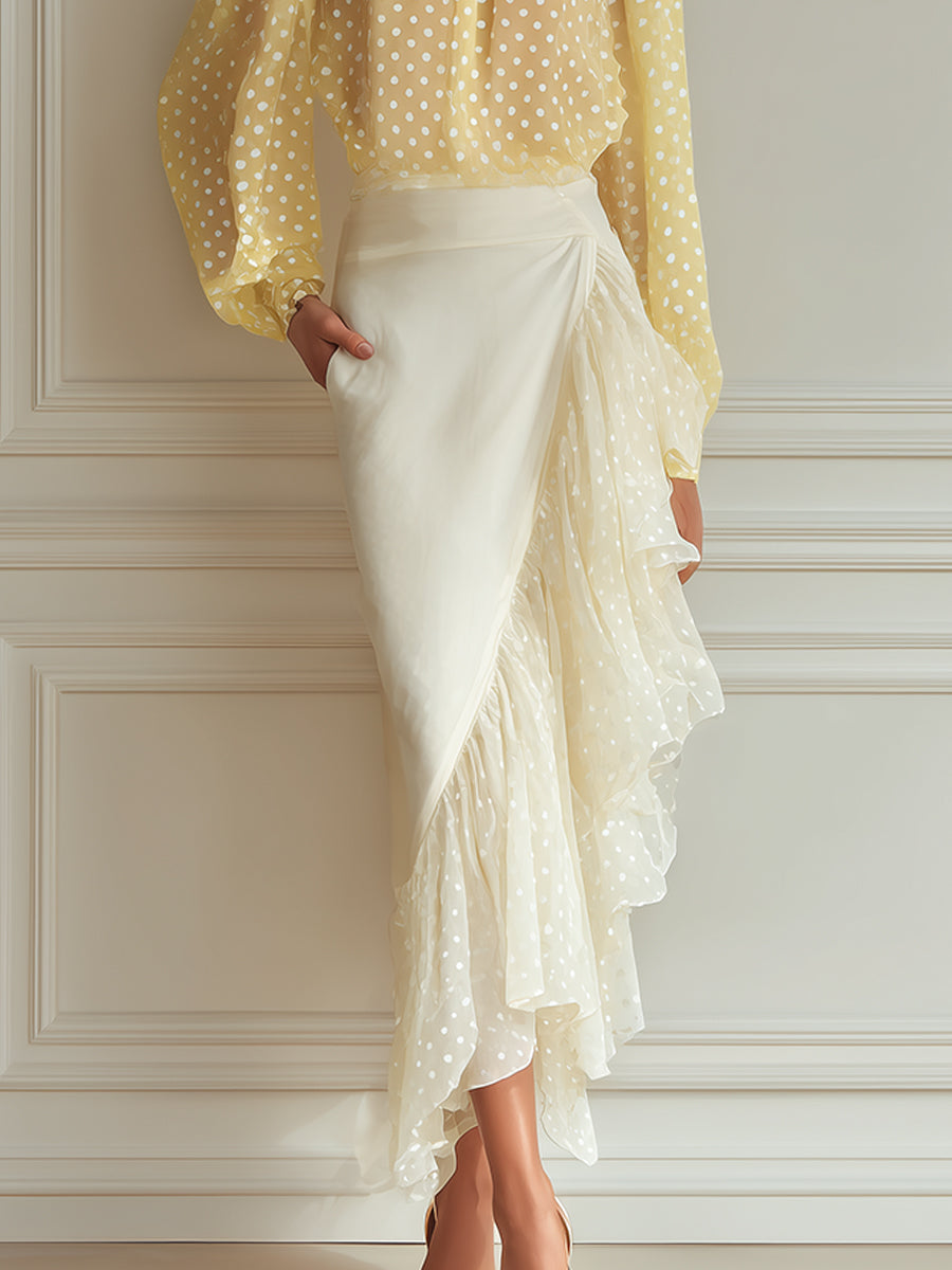 French-style Polka-dot Mock-neck Chiffon Blouse & Ruffle-trim Skirt Set