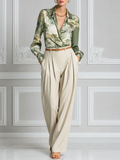 Sage Scenic Satin Blouse & Ivory Pleated Wide Leg Pants Set