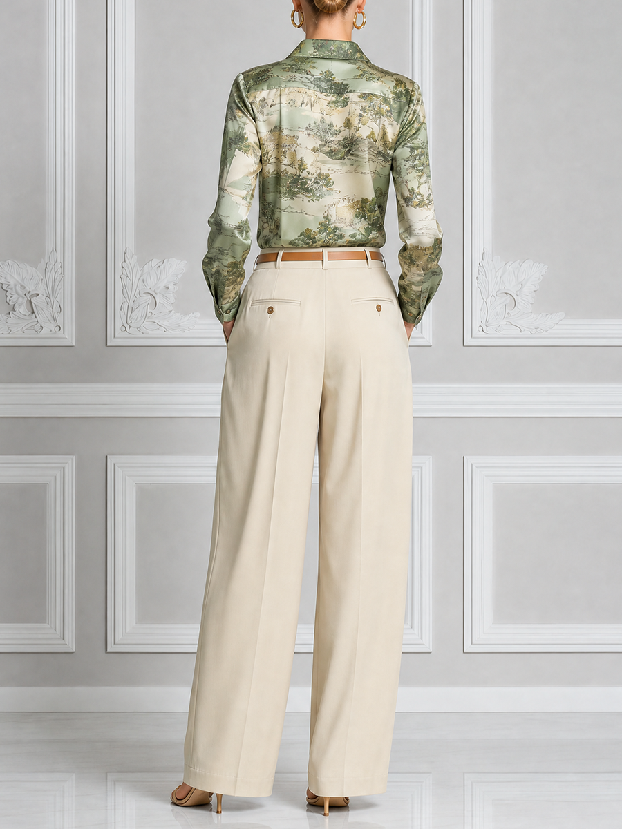 Sage Scenic Satin Blouse & Ivory Pleated Wide Leg Pants Set