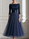 Off Shoulder Satin Sequin Tulle A Line Midi Dress