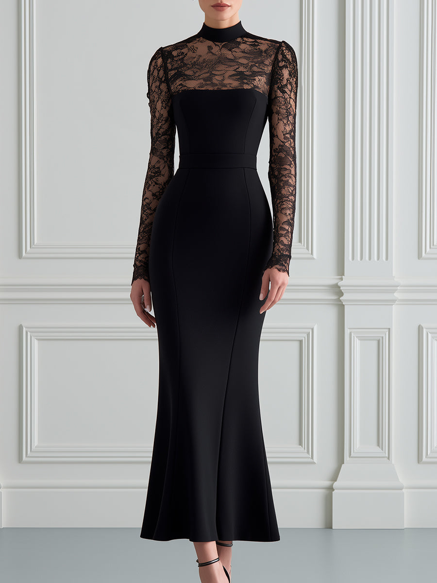High-Neck Lace Panel Mermaid Maxi Dress