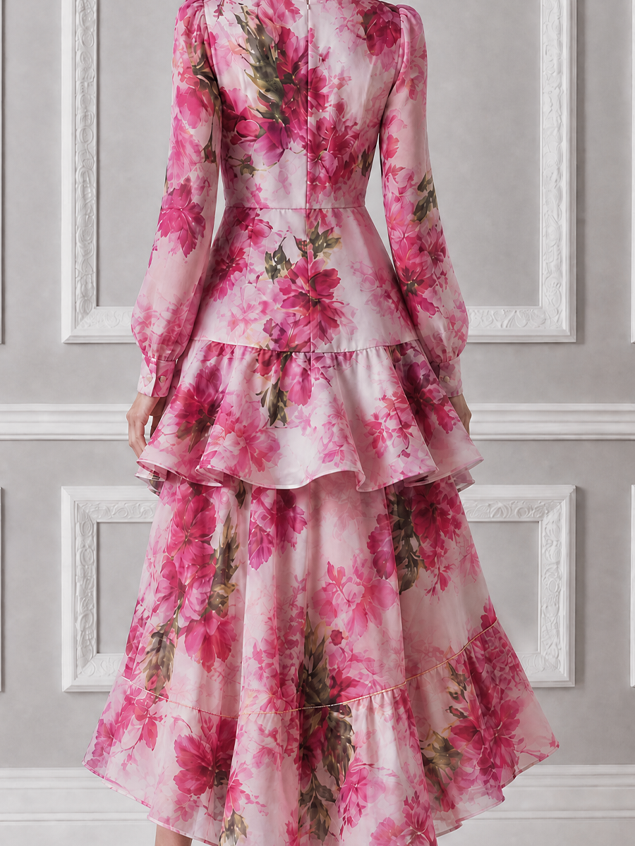 Pink Watercolor Floral Print Wrap Front Ruffle High Low Chiffon Midi Dress