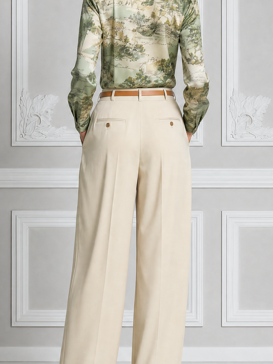Sage Scenic Satin Blouse & Ivory Pleated Wide Leg Pants Set