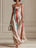Elegant Color-block Striped Satin Sleeveless Fitted-waist Maxi Dress