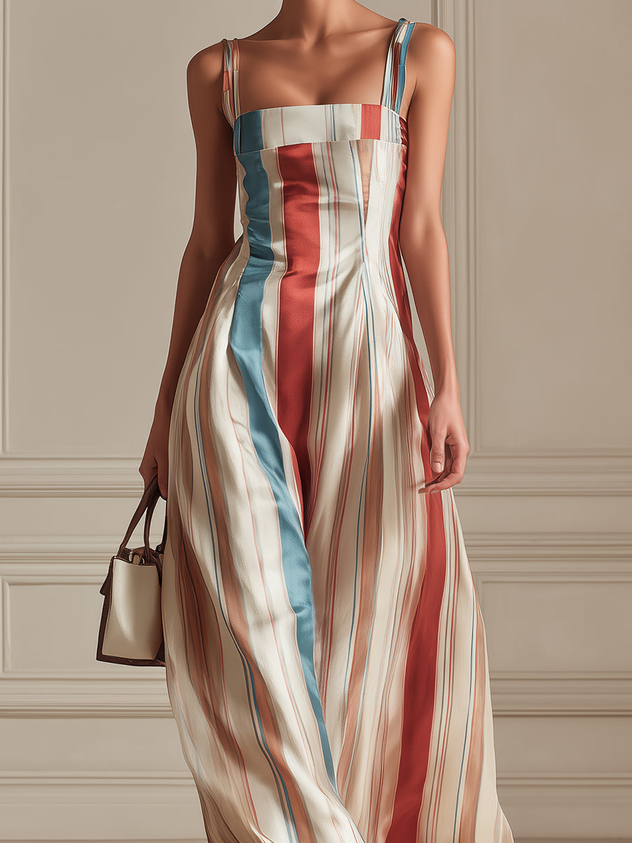 Elegant Color-block Striped Satin Sleeveless Fitted-waist Maxi Dress