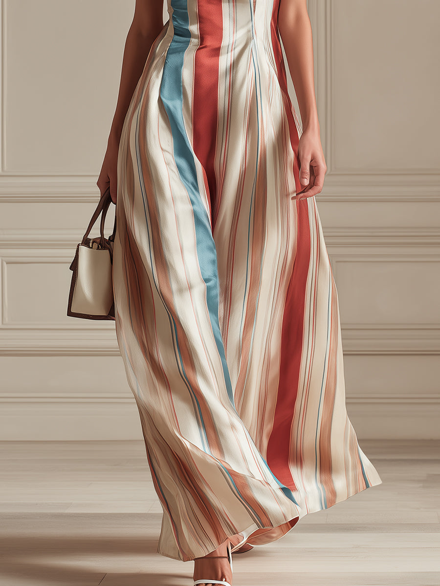 Elegant Color-block Striped Satin Sleeveless Fitted-waist Maxi Dress