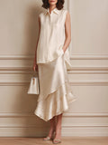 Elegant Sleeveless High-Low Blouse & Satin Ruffle-Hem Skirt Set