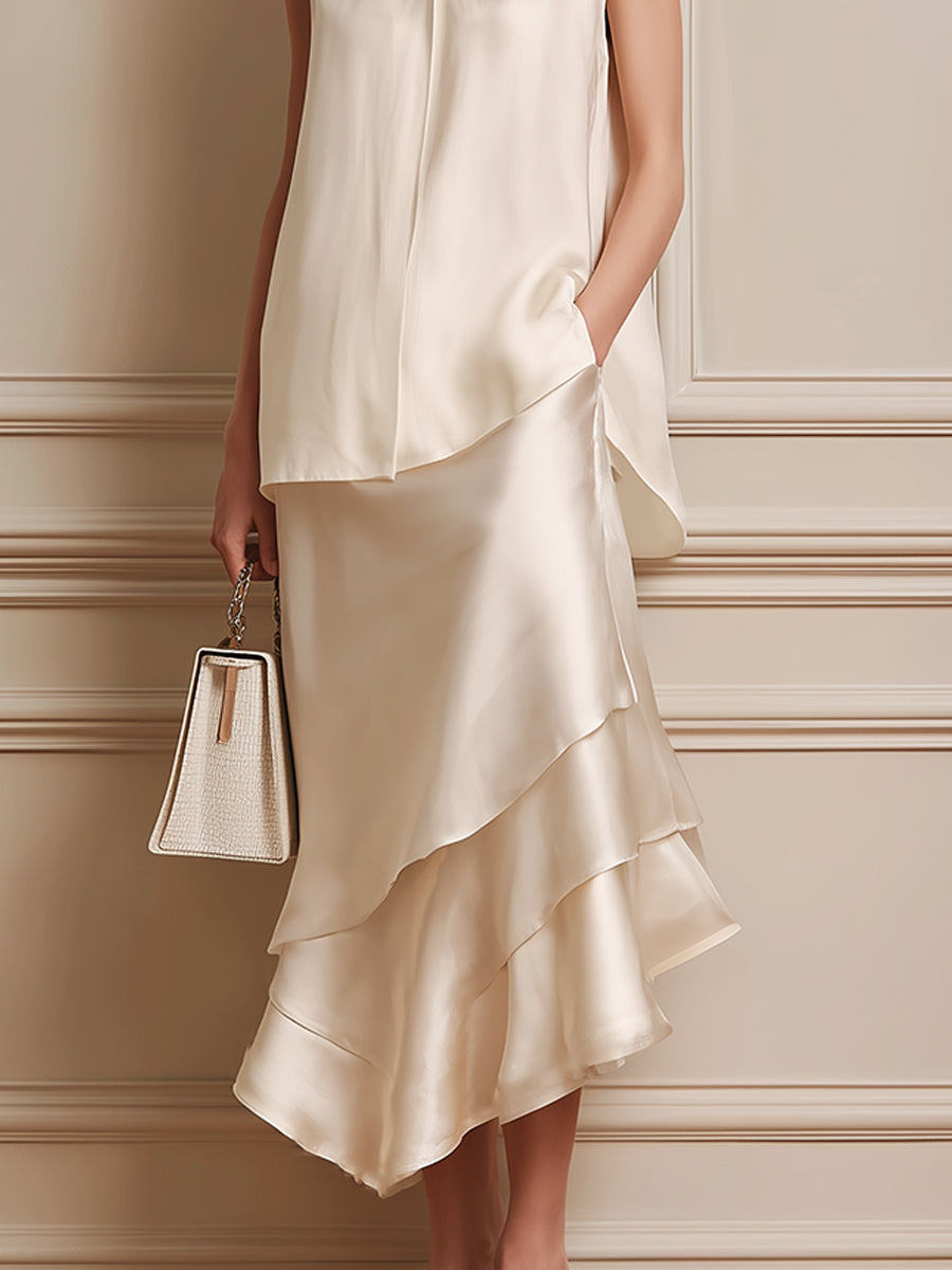 Elegant Sleeveless High-Low Blouse & Satin Ruffle-Hem Skirt Set