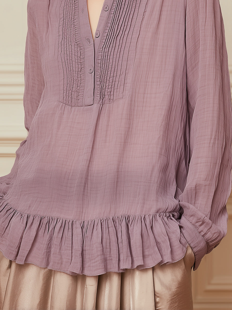 Elegant Washed Cotton Long-sleeve Blouse With A Ruffled Hem