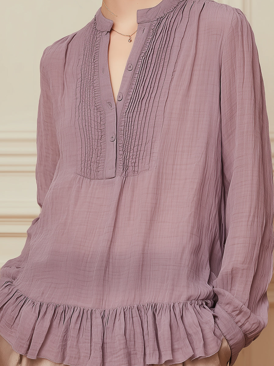 Elegant Washed Cotton Long-sleeve Blouse With A Ruffled Hem