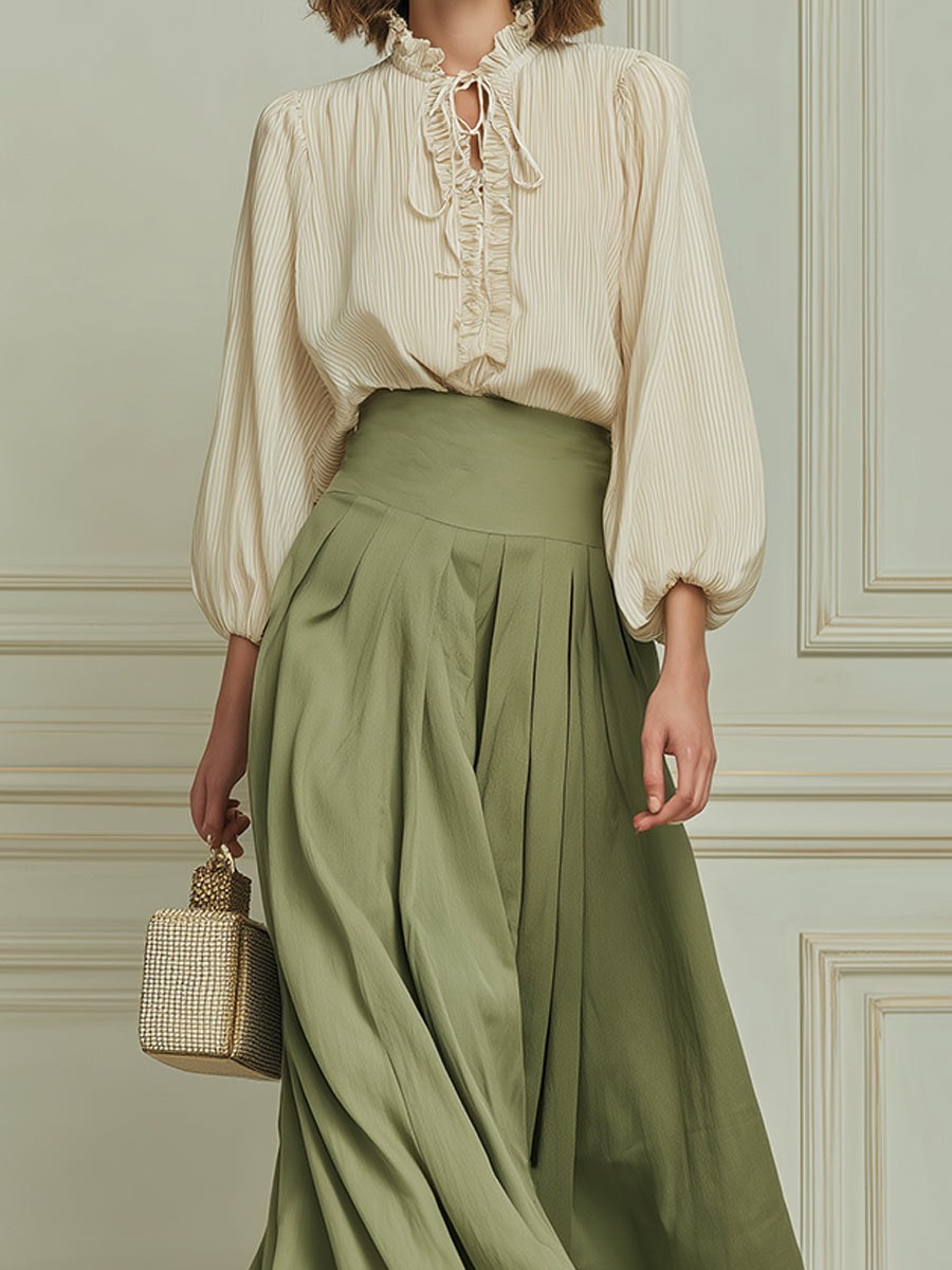 French Striped Blouse With Lettuce-edge Trim & High-waisted Pleated Maxi Skirt Set