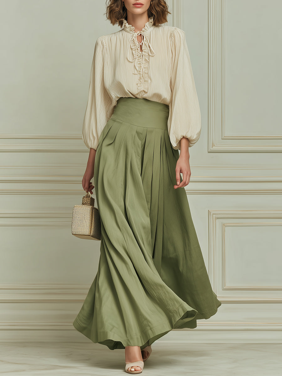 French Striped Blouse With Lettuce-edge Trim & High-waisted Pleated Maxi Skirt Set