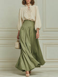 French Striped Blouse With Lettuce-edge Trim & High-waisted Pleated Maxi Skirt Set