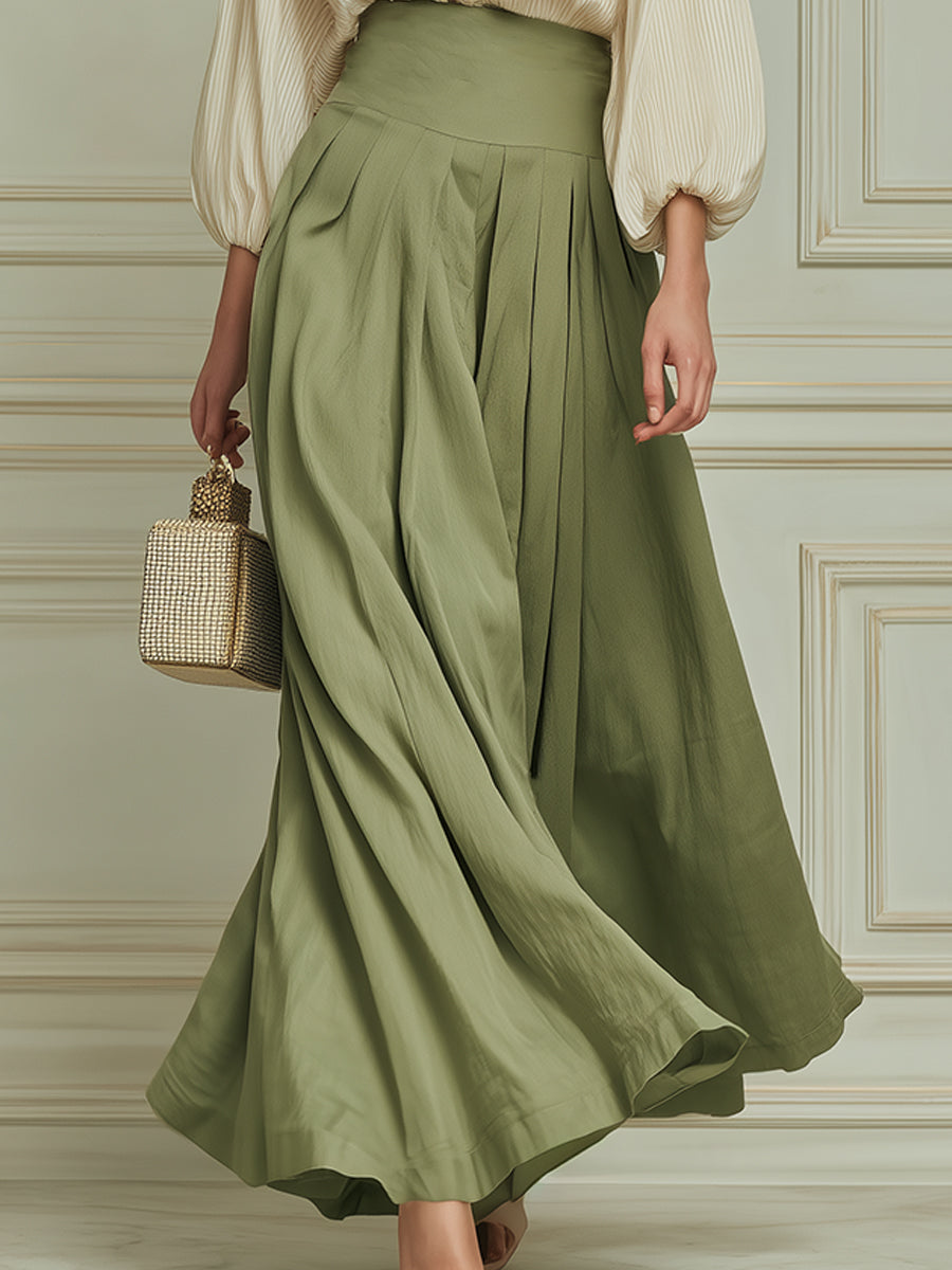 French Striped Blouse With Lettuce-edge Trim & High-waisted Pleated Maxi Skirt Set