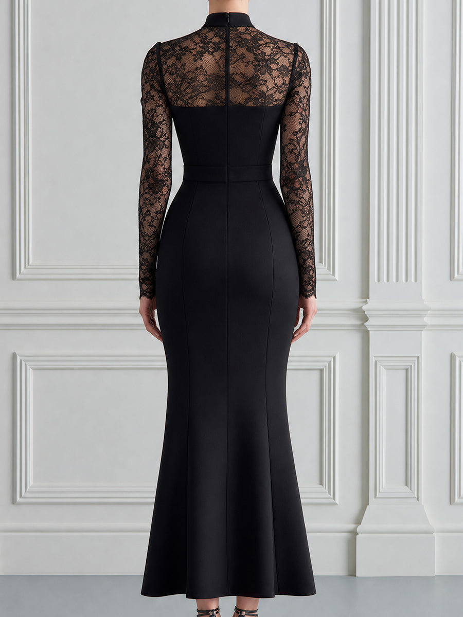 High-Neck Lace Panel Mermaid Maxi Dress