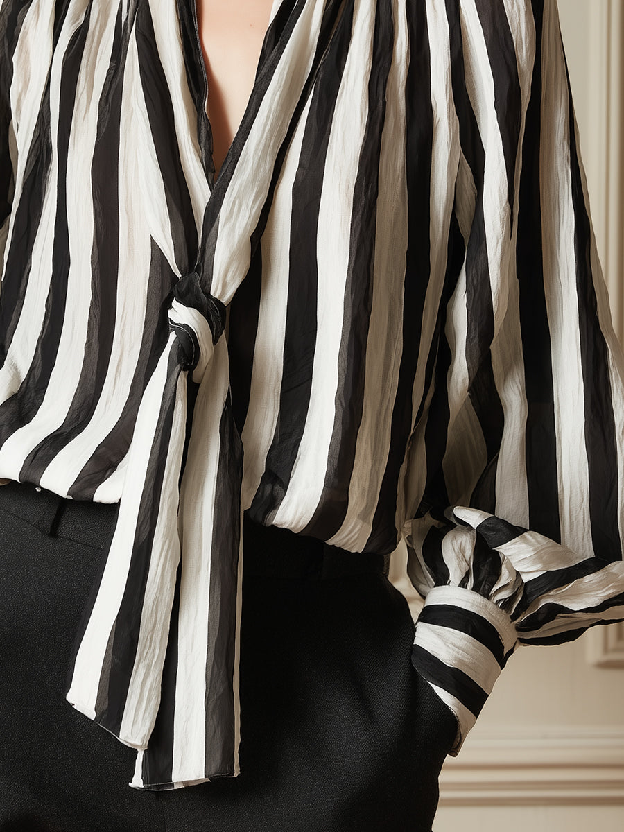Minimalist Striped Lantern-sleeve Blouse With Tie-neck Detail