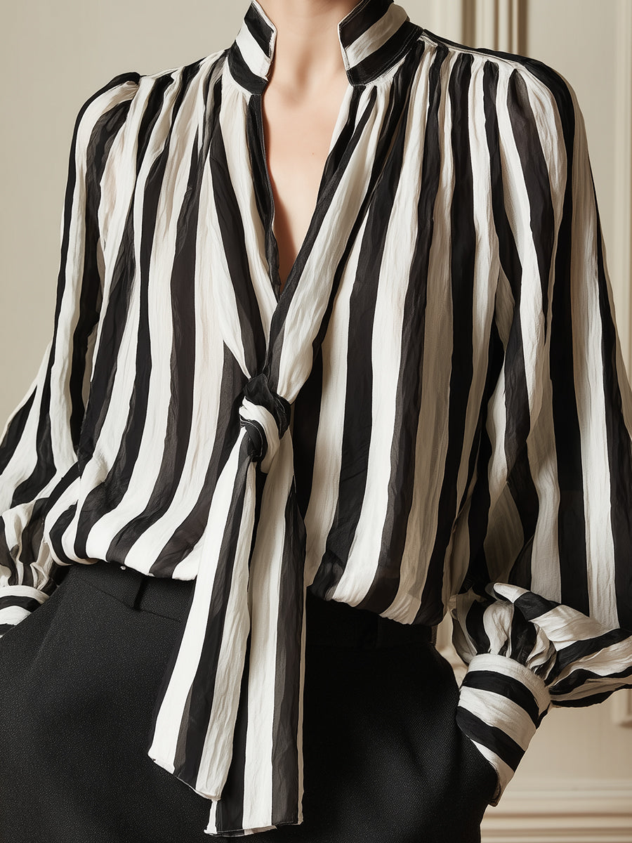 Minimalist Striped Lantern-sleeve Blouse With Tie-neck Detail