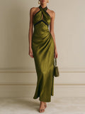 Elegant Crossover Neckline Satin Maxi Dress With Waist Pleats