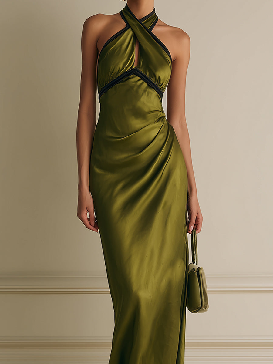 Elegant Crossover Neckline Satin Maxi Dress With Waist Pleats