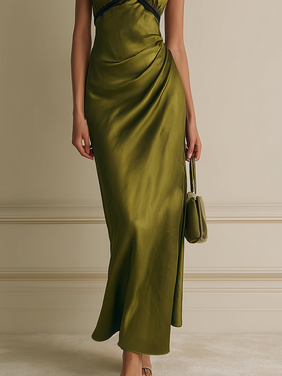 Elegant Crossover Neckline Satin Maxi Dress With Waist Pleats