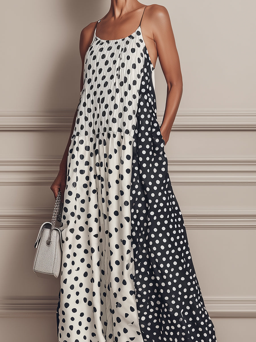 Chic Color-block Polka-dot Print Camisole A-line Maxi Dress