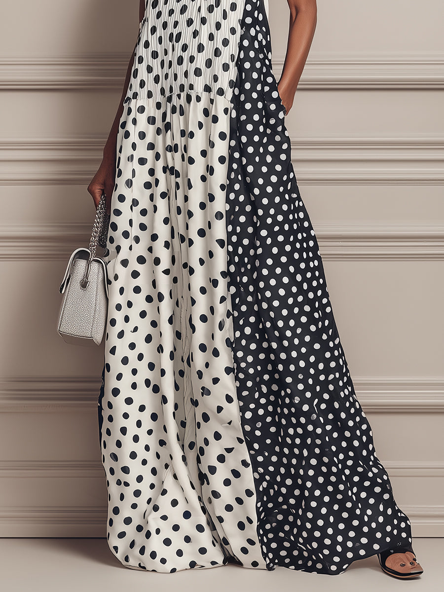 Chic Color-block Polka-dot Print Camisole A-line Maxi Dress