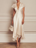 French-style Asymmetrical Hem Satin Maxi Dress With Lace Trim