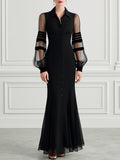 Collared Sheer Striped Mesh Puff Sleeve Fishtail Mermaid Maxi Dress