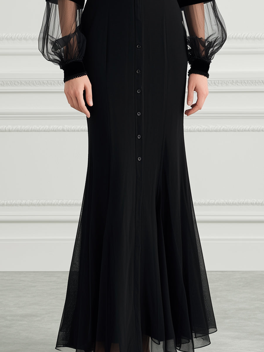 Collared Sheer Striped Mesh Puff Sleeve Fishtail Mermaid Maxi Dress