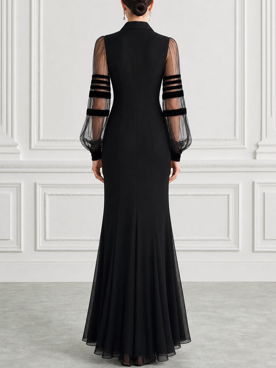 Collared Sheer Striped Mesh Puff Sleeve Fishtail Mermaid Maxi Dress