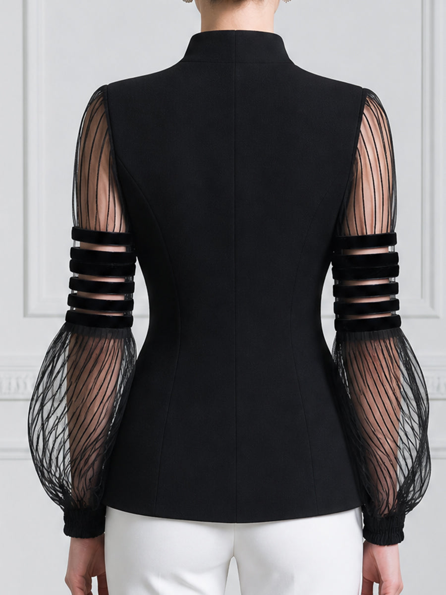Stand Collar Sheer Striped Mesh Balloon Sleeve Tailored Blazer