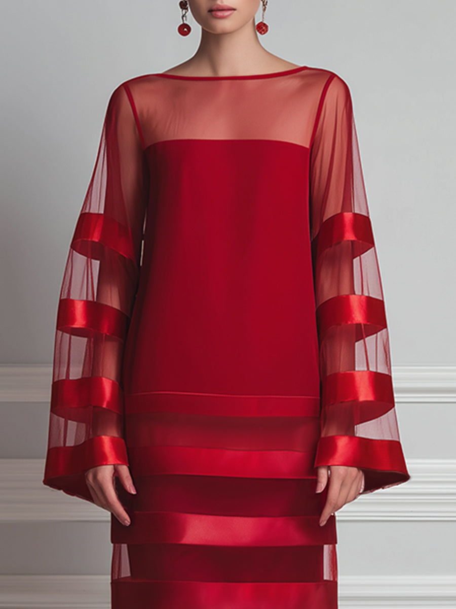 Bateau Neck Sheer Mesh Satin-Stripe Bell Sleeve Shift Midi Dress