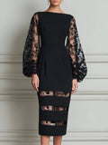 Bateau Neck Floral Lace Balloon Sleeve Sheer-Stripe Hem Bodycon Midi Dress